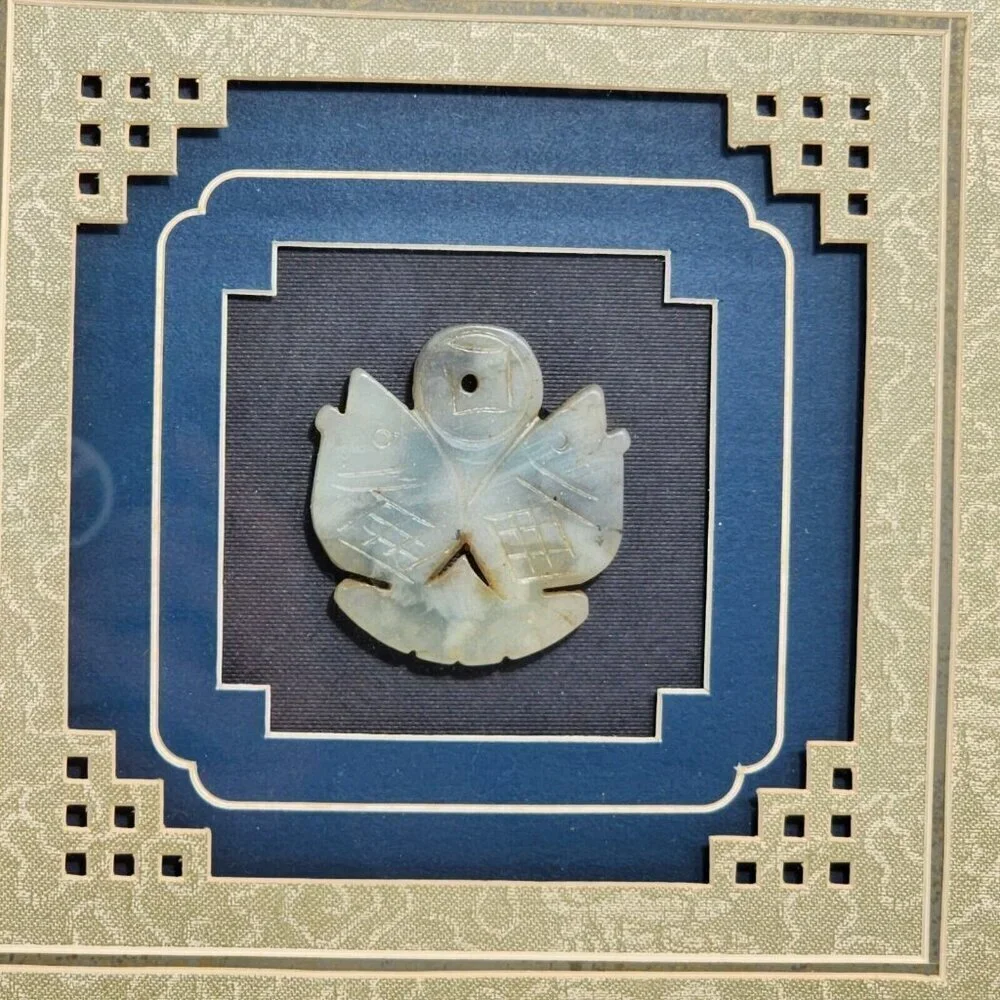 Framed Carved Jade Chinese Antique Art Featuring Round Pendant Double Fish Motif
